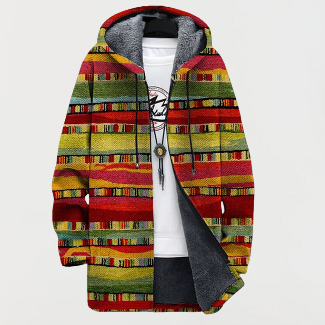 Men's Aztec Print Long Winter Coat Hooded Fleece Lined