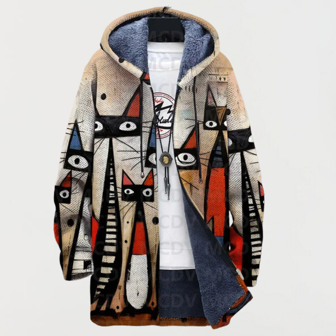 Men's Aztec Print Long Winter Coat Hooded Fleece Lined