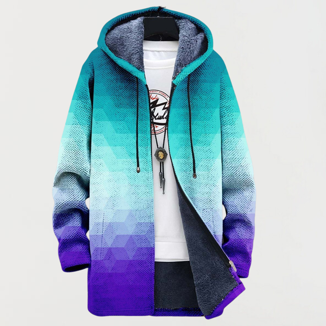 Men's Aztec Print Long Winter Coat Hooded Fleece Lined