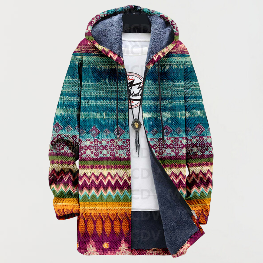 Men's Aztec Print Long Winter Coat Hooded Fleece Lined