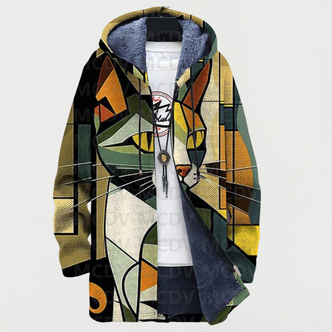 Men's Aztec Print Long Winter Coat Hooded Fleece Lined