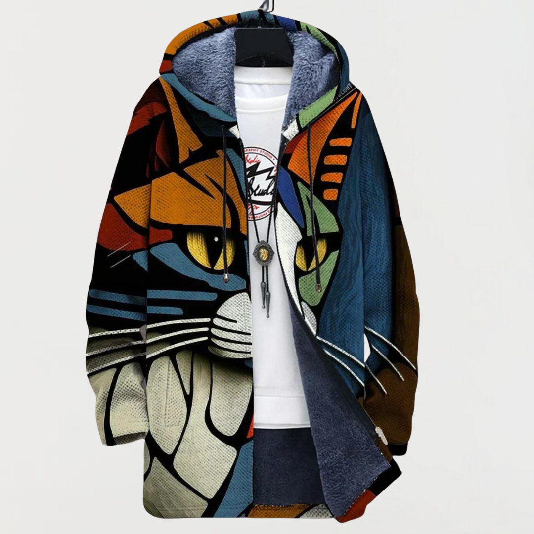Men's Aztec Print Long Winter Coat Hooded Fleece Lined