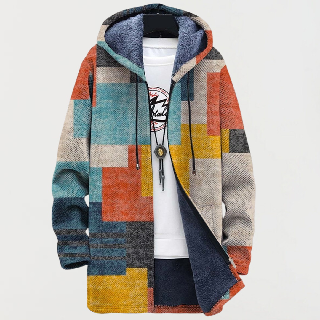 Men's Aztec Print Long Winter Coat Hooded Fleece Lined