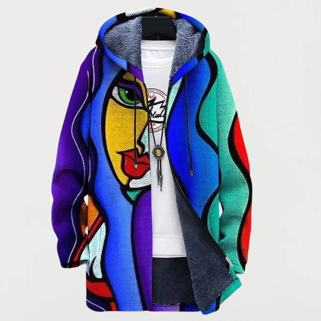 Men's Aztec Print Long Winter Coat Hooded Fleece Lined