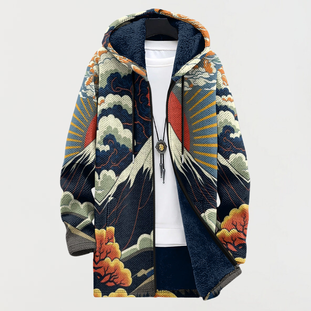 Men's Aztec Print Long Winter Coat Hooded Fleece Lined