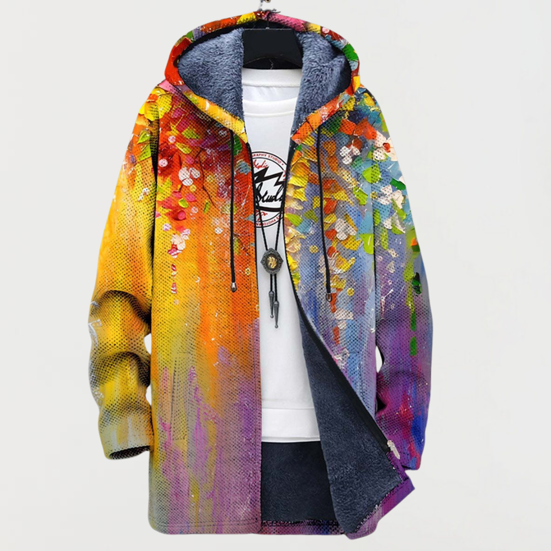 Men's Aztec Print Long Winter Coat Hooded Fleece Lined
