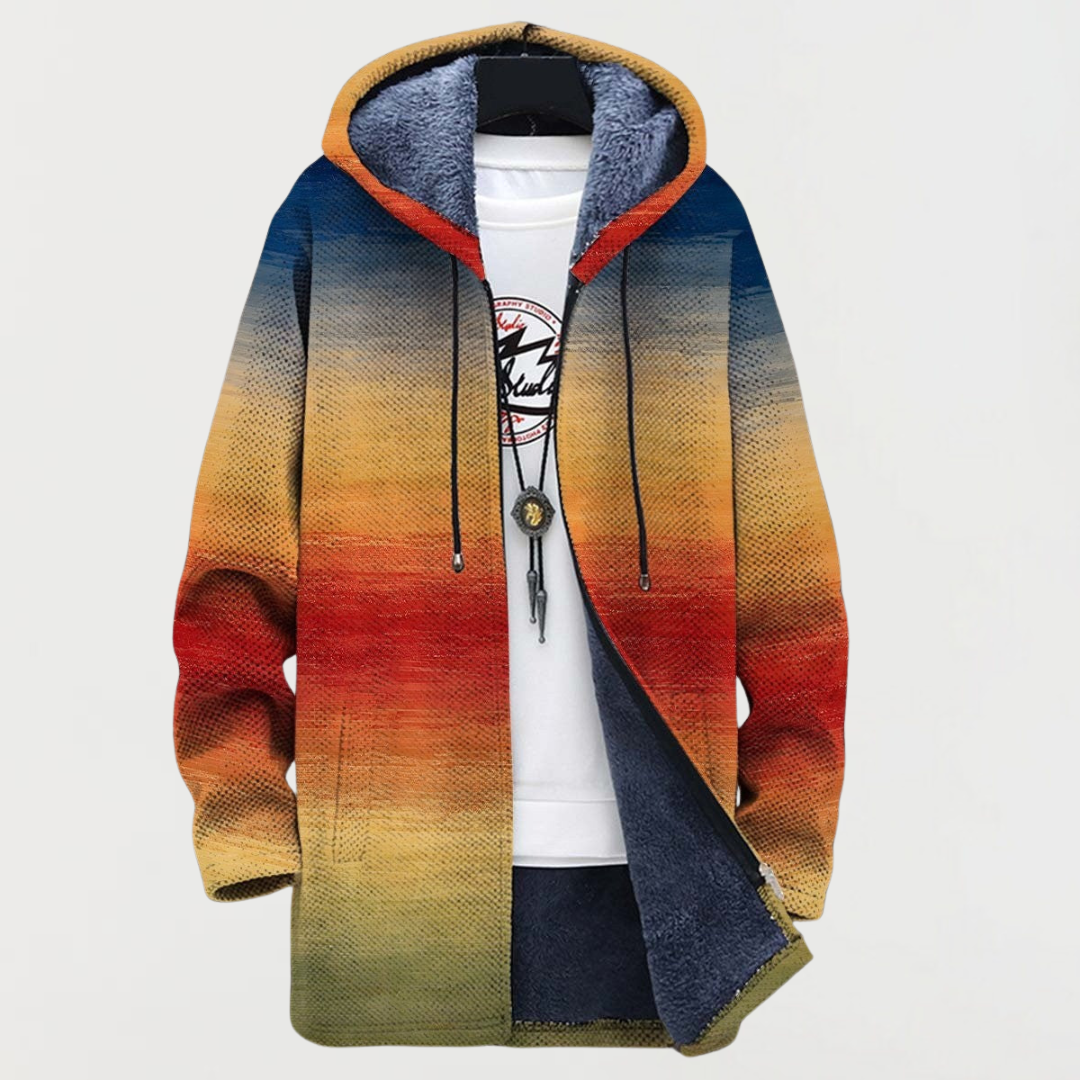 Men's Aztec Print Long Winter Coat Hooded Fleece Lined