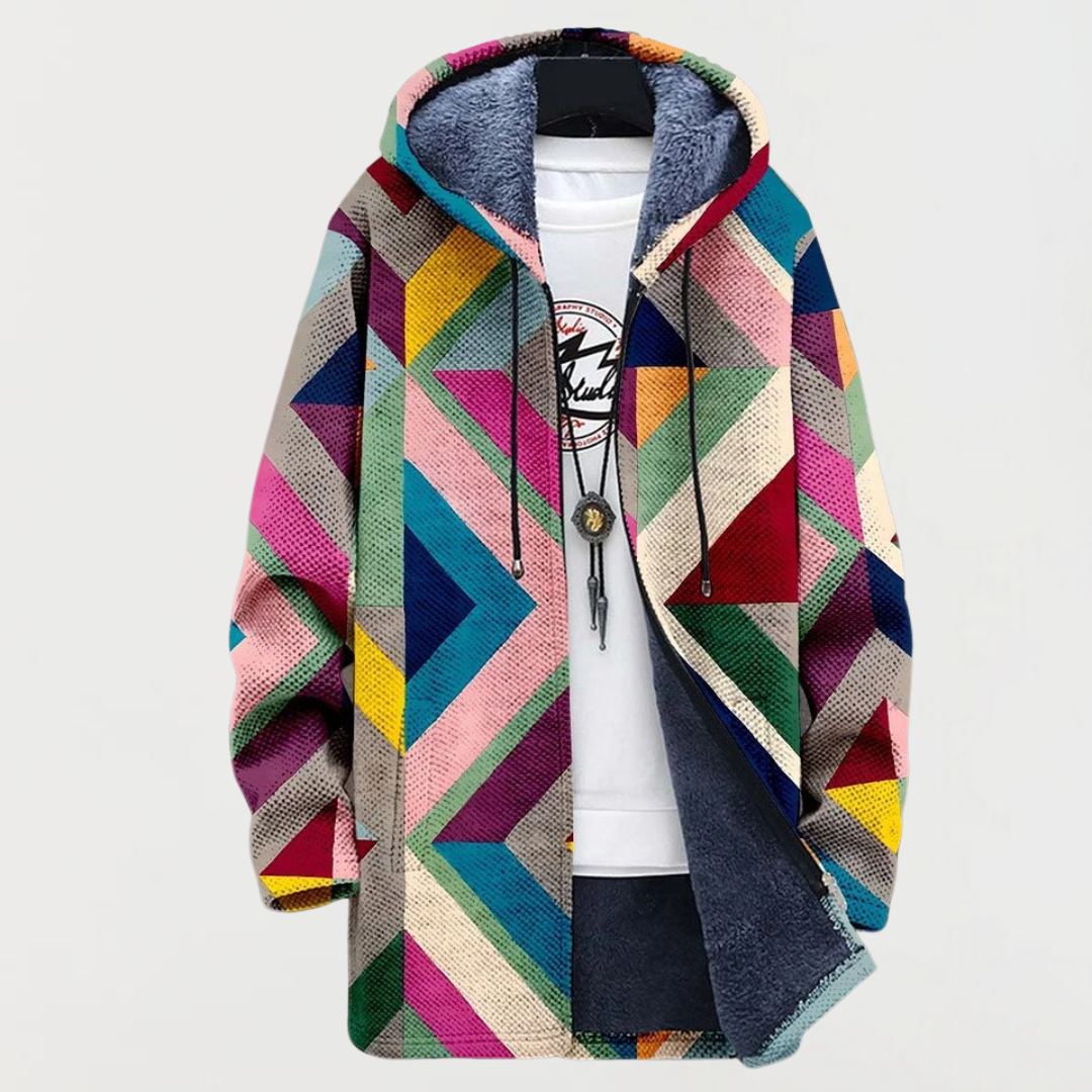 Men's Aztec Print Long Winter Coat Hooded Fleece Lined