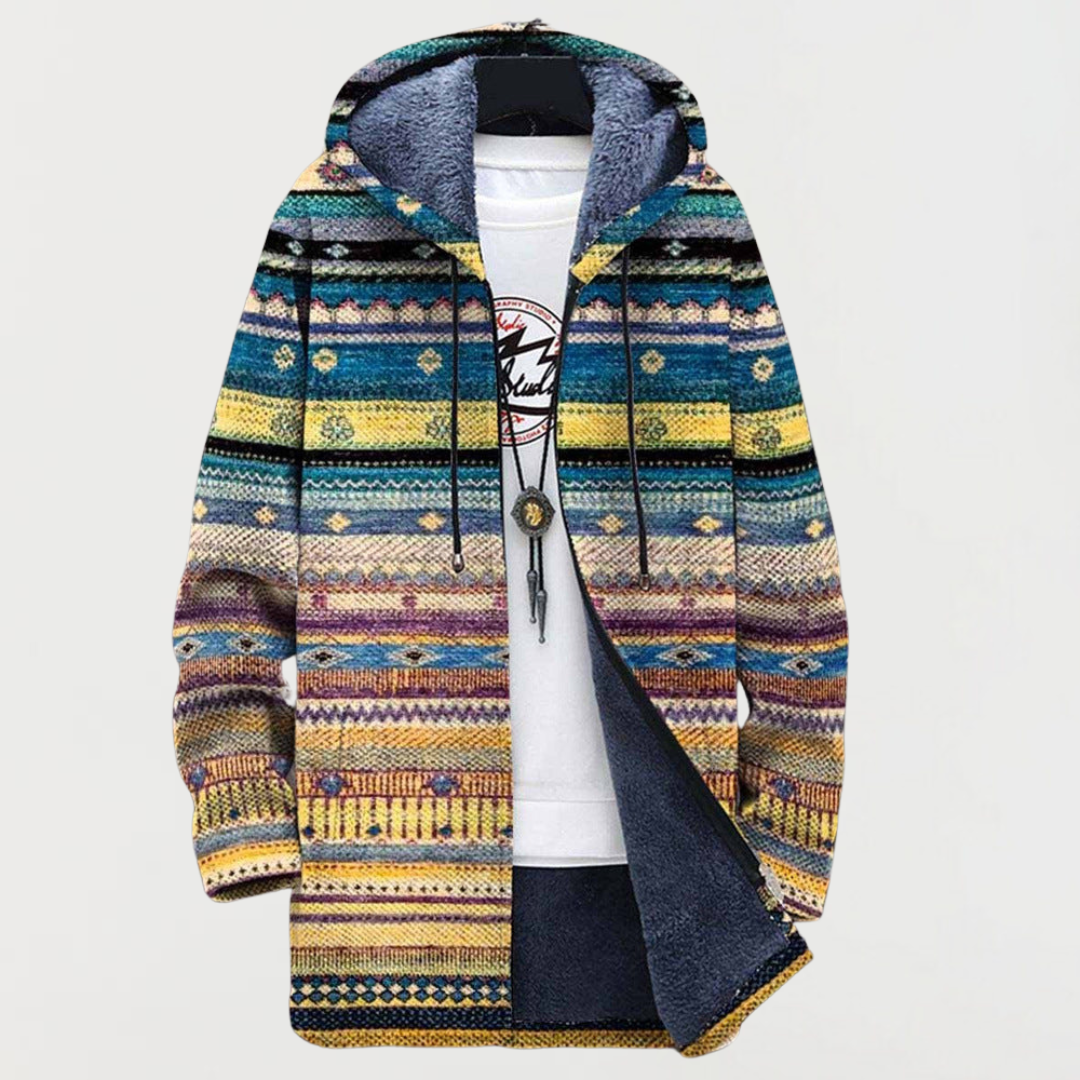 Men's Aztec Print Long Winter Coat Hooded Fleece Lined