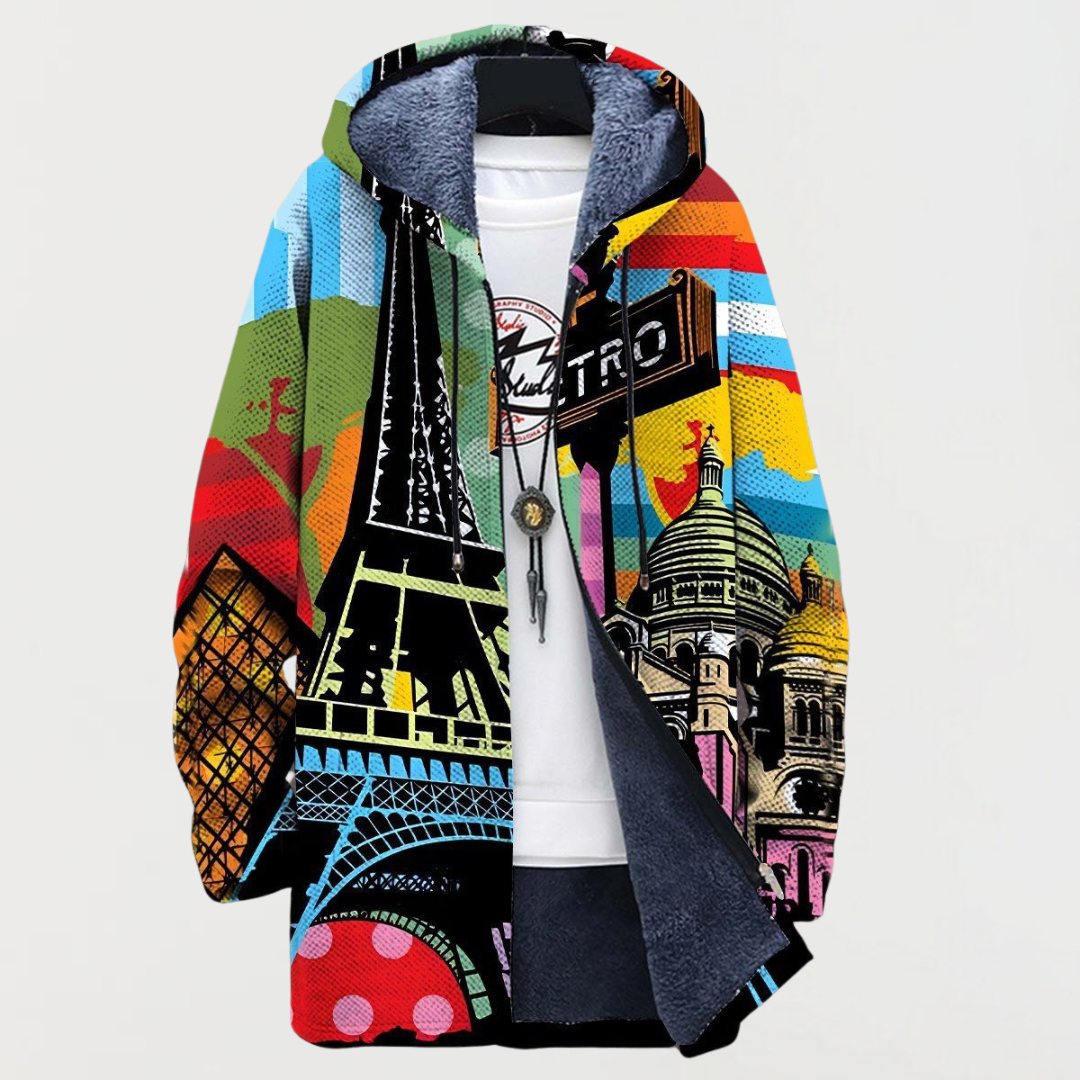 Men's Aztec Print Long Winter Coat Hooded Fleece Lined