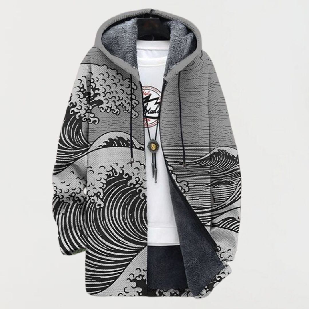 Men's Aztec Print Long Winter Coat Hooded Fleece Lined