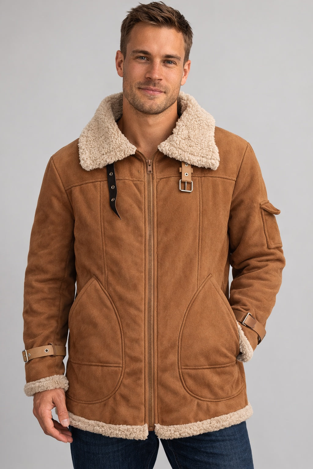 Men's Suede Winter Jacket Sherpa Lined