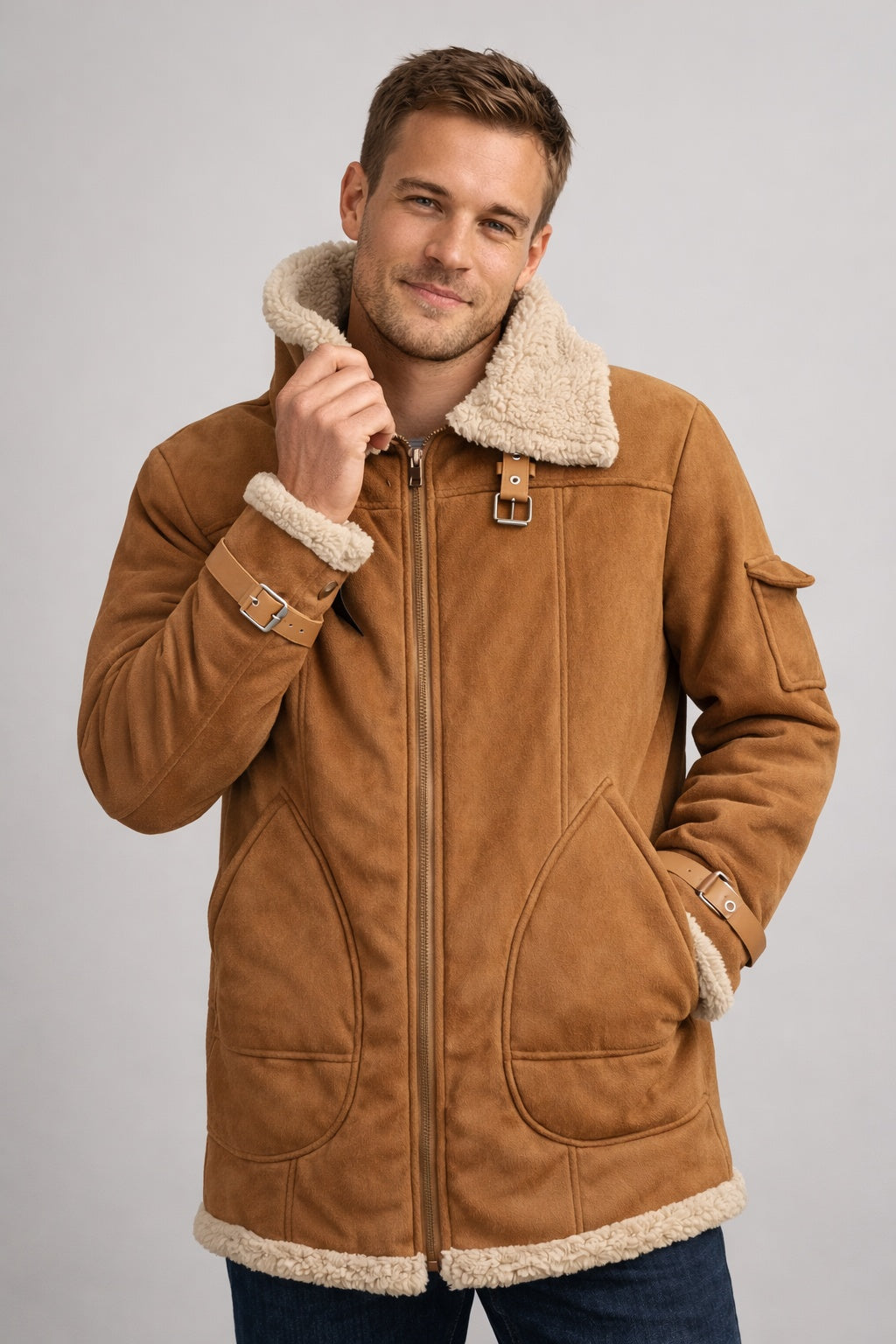 Men's Suede Winter Jacket Sherpa Lined