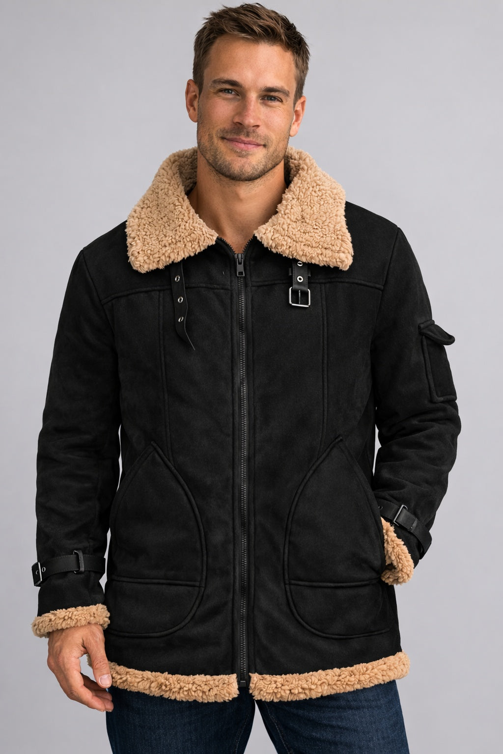 Men's Suede Winter Jacket Sherpa Lined
