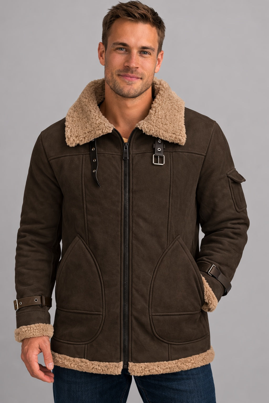 Men's Suede Winter Jacket Sherpa Lined