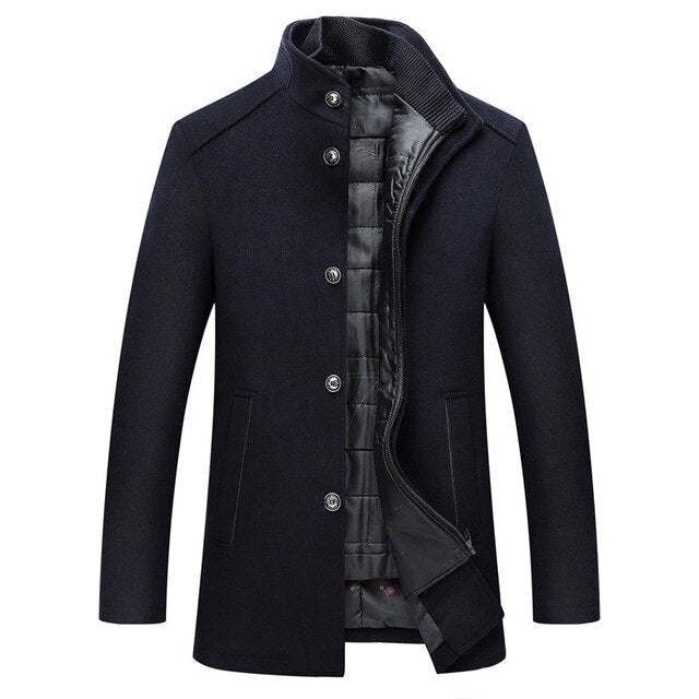 Men's Wool Blend Winter Coat Quilted Lining Stand Collar