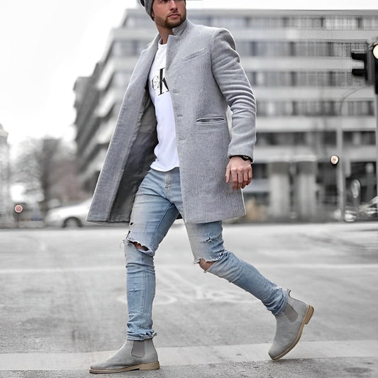 Dylan | Men's Long Wool Blend Winter Coat Stand Collar Slim Fit
