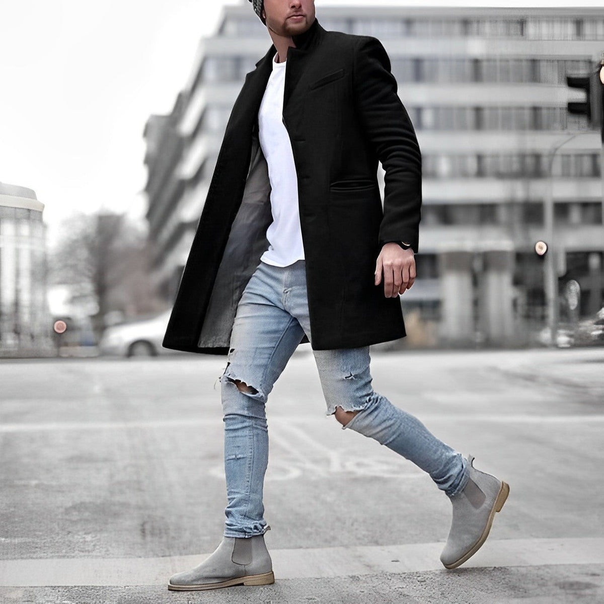 Dylan | Men's Long Wool Blend Winter Coat Stand Collar Slim Fit