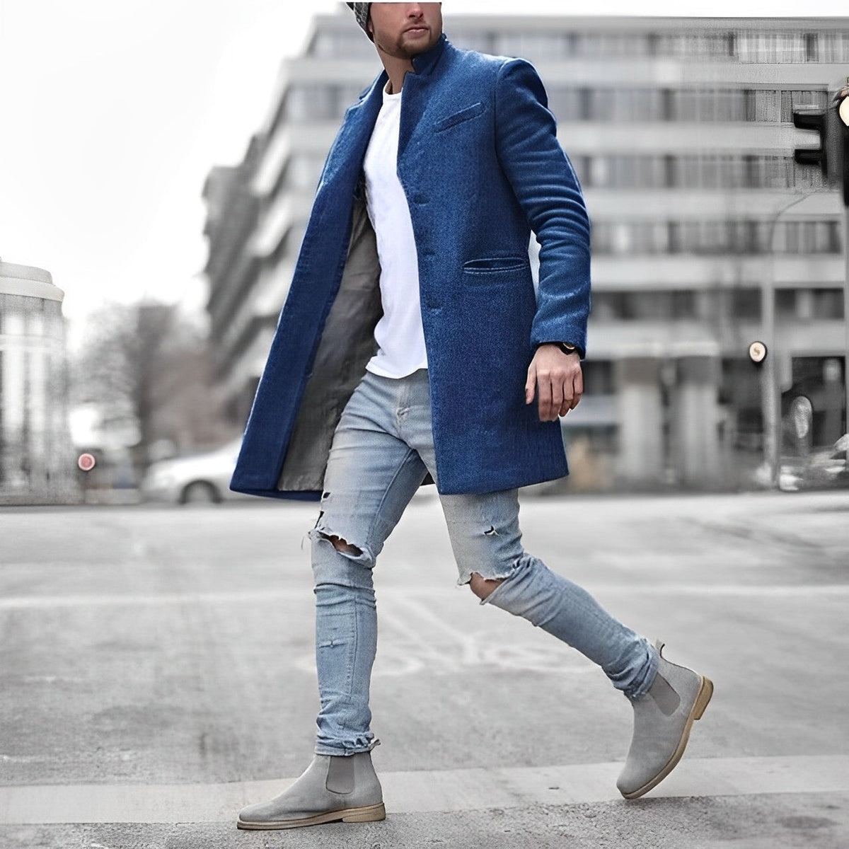 Dylan | Men's Long Wool Blend Winter Coat Stand Collar Slim Fit