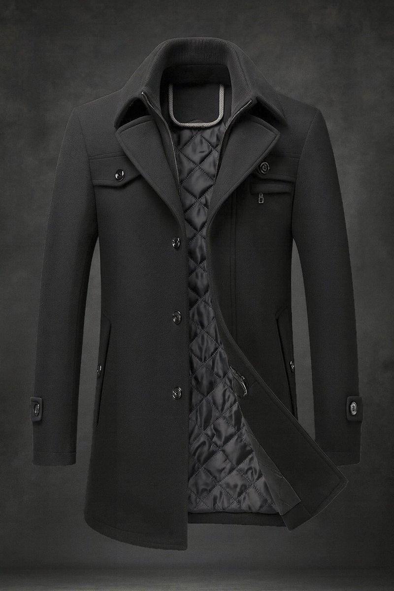 Men's Wool Blend Winter Coat Quilted Lining Double Collar