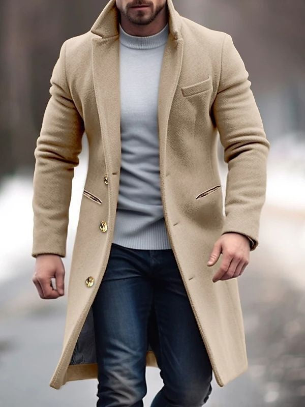 Men's Long Wool Blend Winter Coat Lapel Collar Button Overcoat