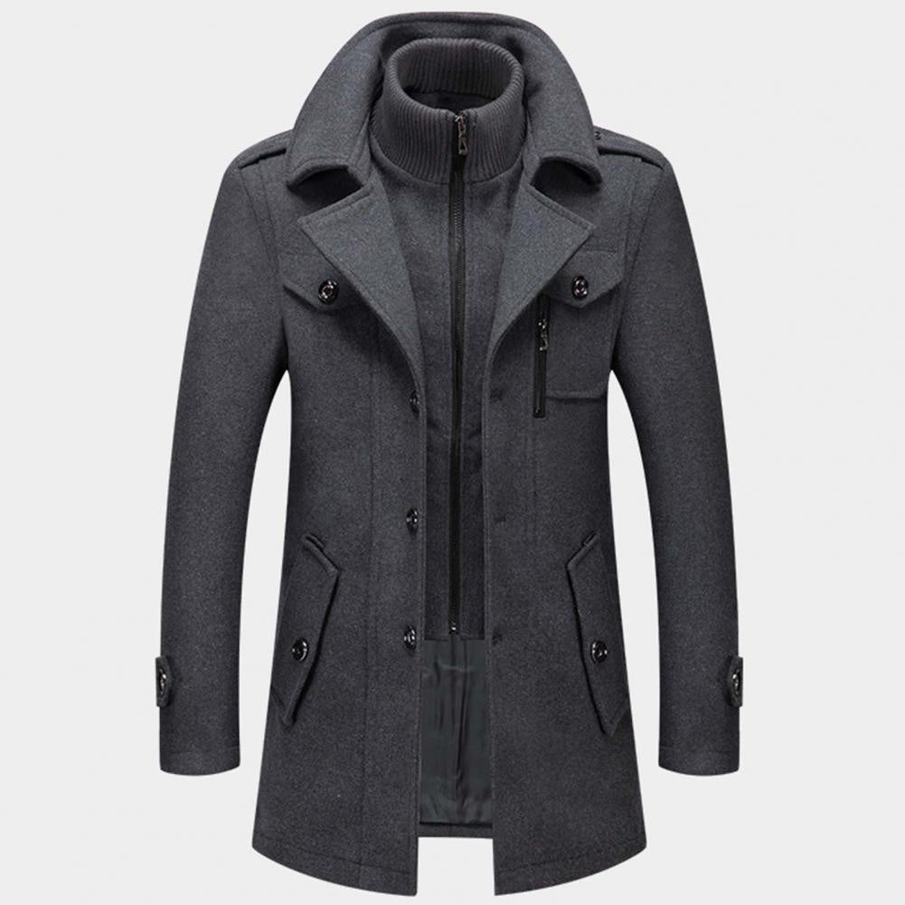 Men's Long Wool Blend Winter Coat Notch Lapel Button Front