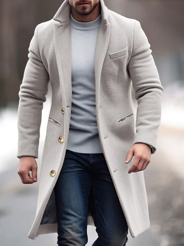 Men's Long Wool Blend Winter Coat Lapel Collar Button Overcoat