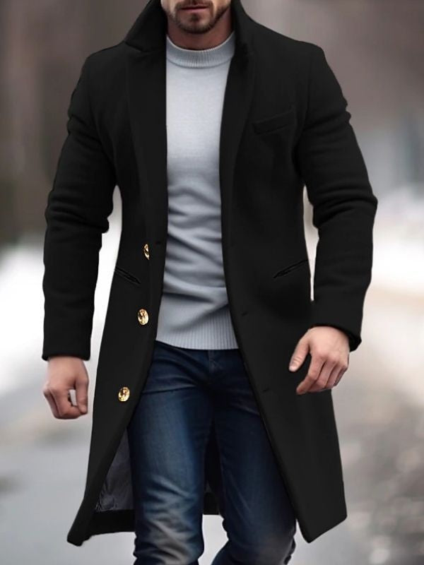 Men's Long Wool Blend Winter Coat Lapel Collar Button Overcoat