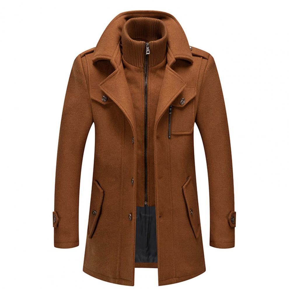 Men's Long Wool Blend Winter Coat Notch Lapel Button Front