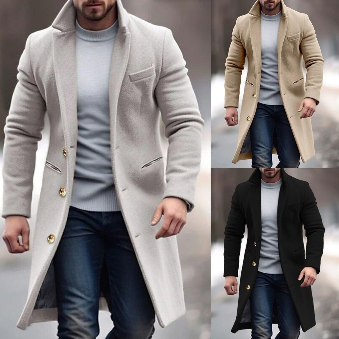 Men's Long Wool Blend Winter Coat Lapel Collar Button Overcoat