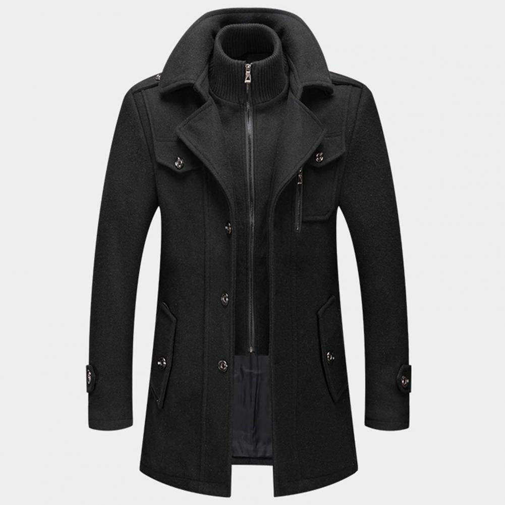 Men's Long Wool Blend Winter Coat Notch Lapel Button Front