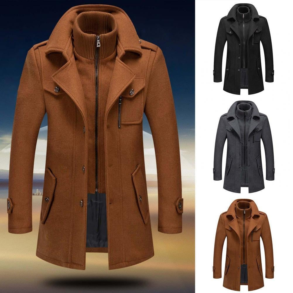 Men's Long Wool Blend Winter Coat Notch Lapel Button Front