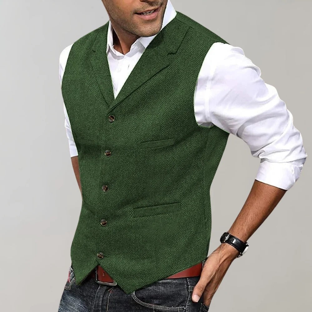 Brandon | Men's Tweed Vest Herringbone Lapel Button Up