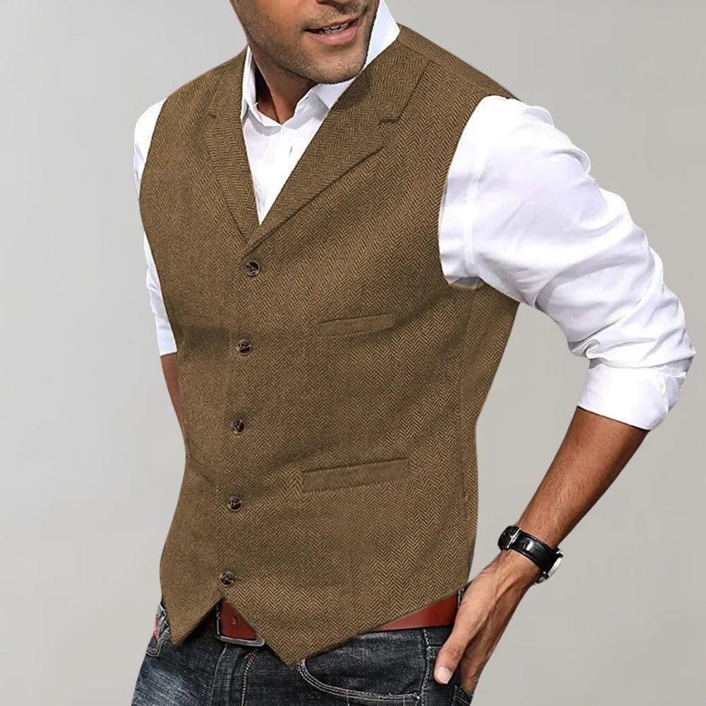 Brandon | Men's Tweed Vest Herringbone Lapel Button Up