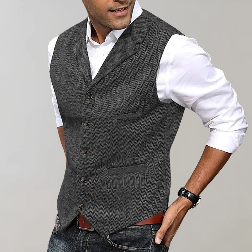 Brandon | Men's Tweed Vest Herringbone Lapel Button Up