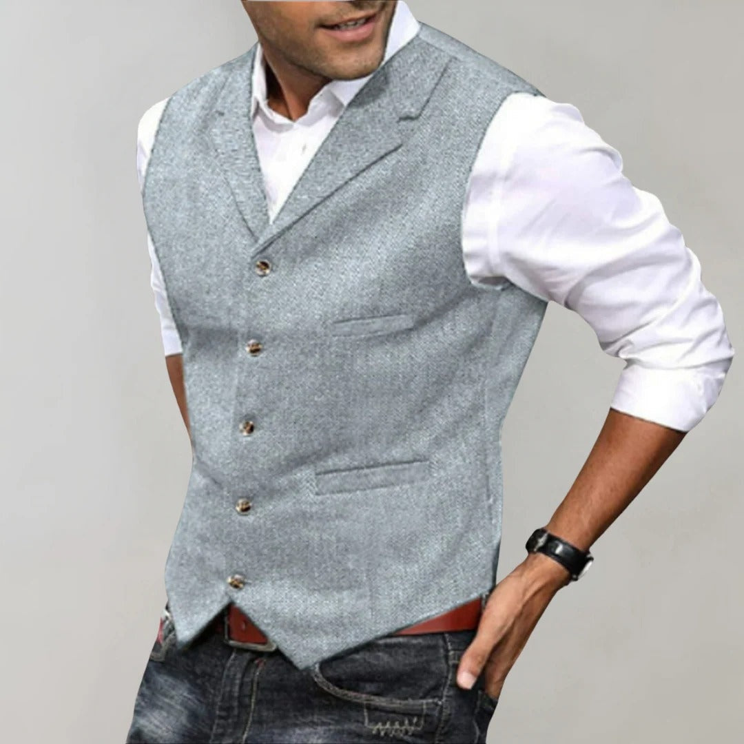 Brandon | Men's Tweed Vest Herringbone Lapel Button Up