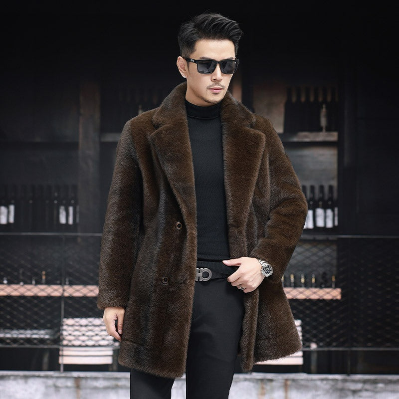 Men's Long Winter Faux Fur Coat Lapel Collar