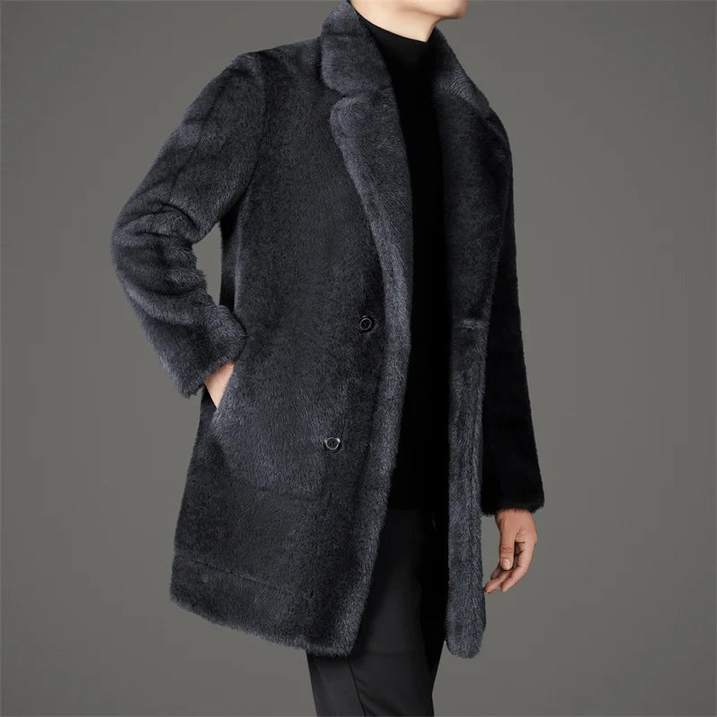 Men's Long Winter Faux Fur Coat Lapel Collar