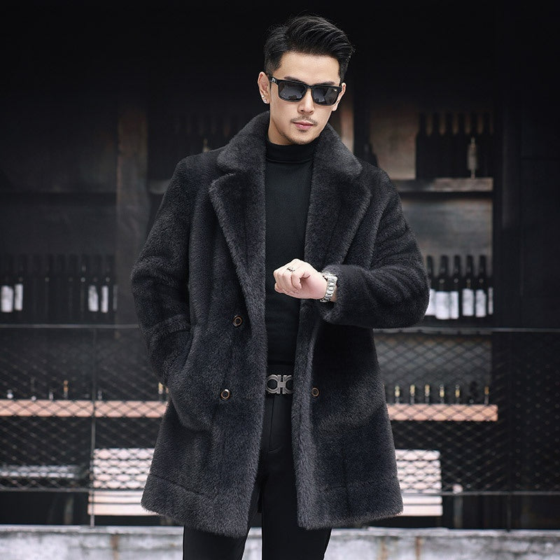 Men's Long Winter Faux Fur Coat Lapel Collar