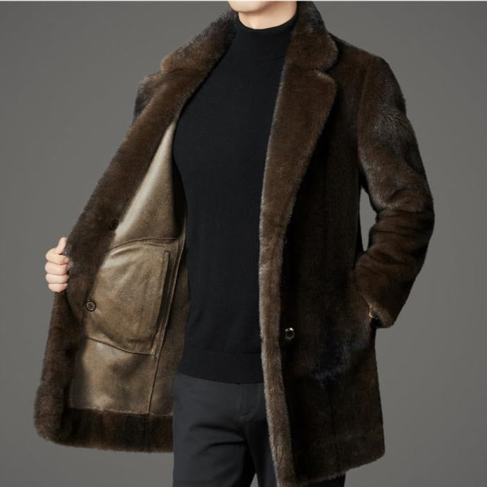 Men's Long Winter Faux Fur Coat Lapel Collar