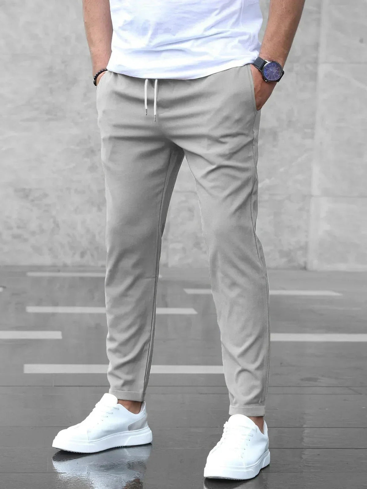 William | Men's Slim Fit Chino Pants Elastic Waist Drawstring