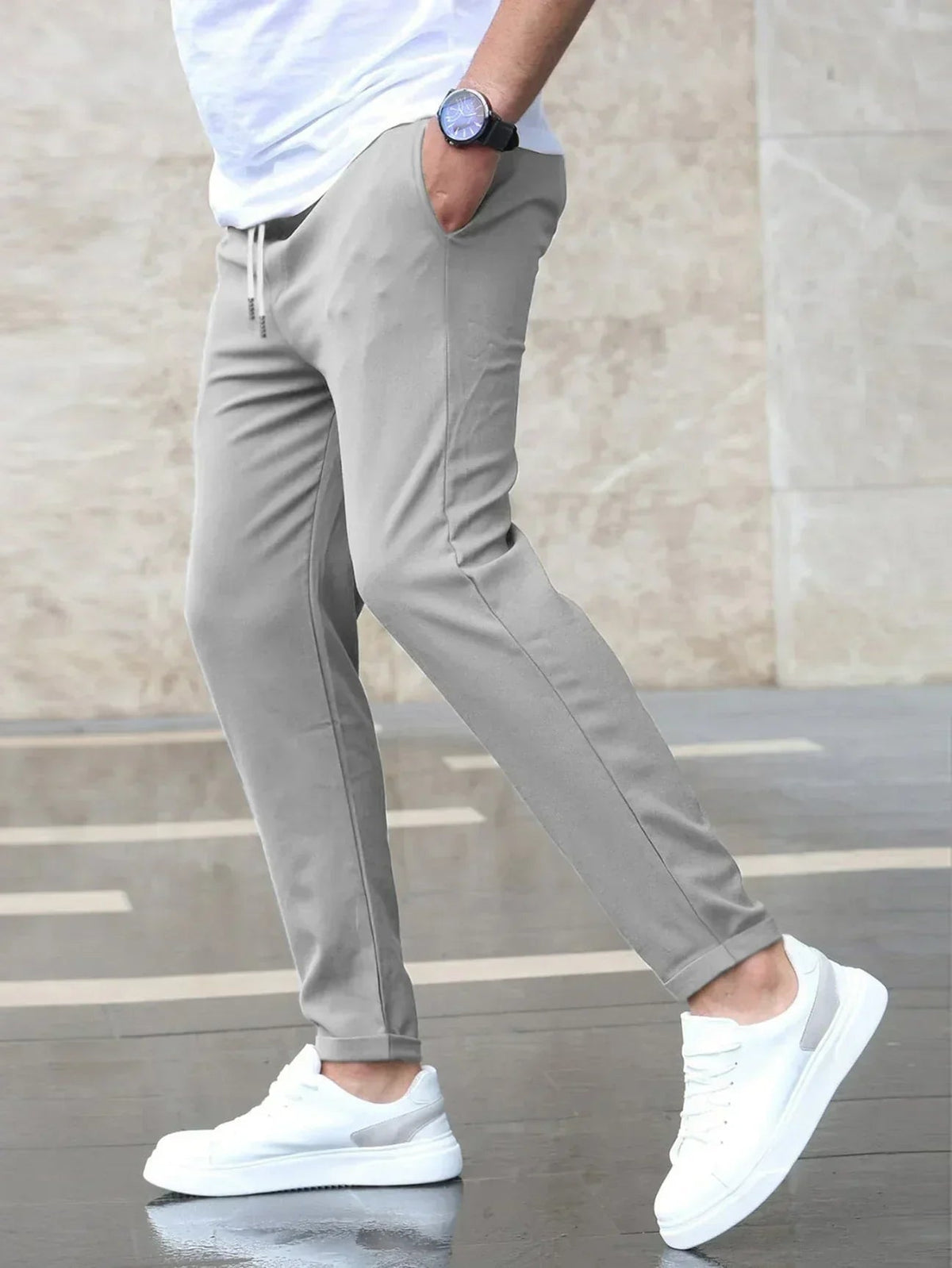 William | Men's Slim Fit Chino Pants Elastic Waist Drawstring