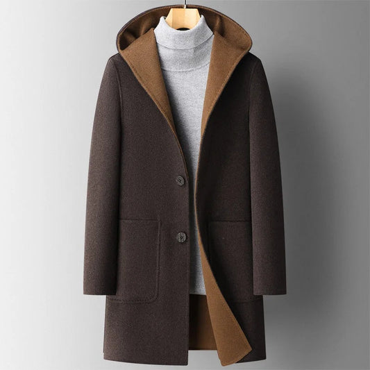 William | Men's Long Hooded Wool Blend Winter Coat Double Faced