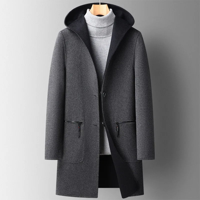William | Men's Long Hooded Wool Blend Winter Coat Double Faced