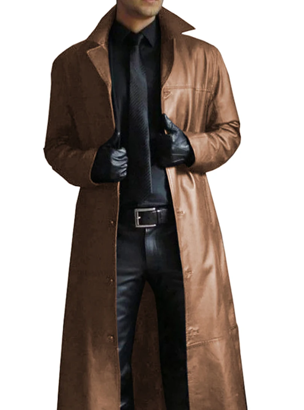 Men's Long Leather Trench Coat Lapel Collar