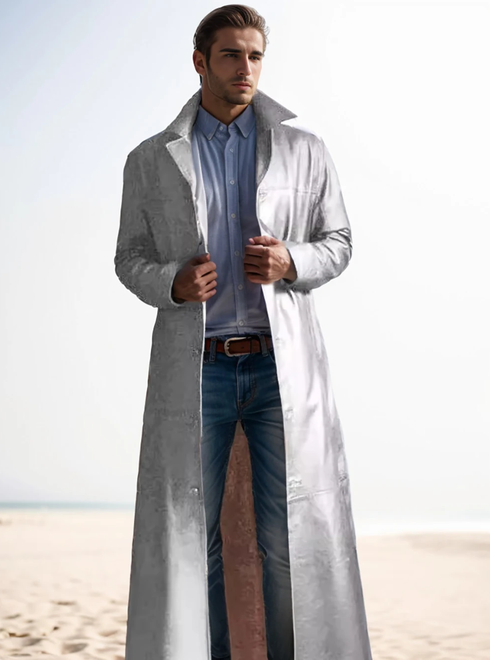 Men's Long Leather Trench Coat Lapel Collar