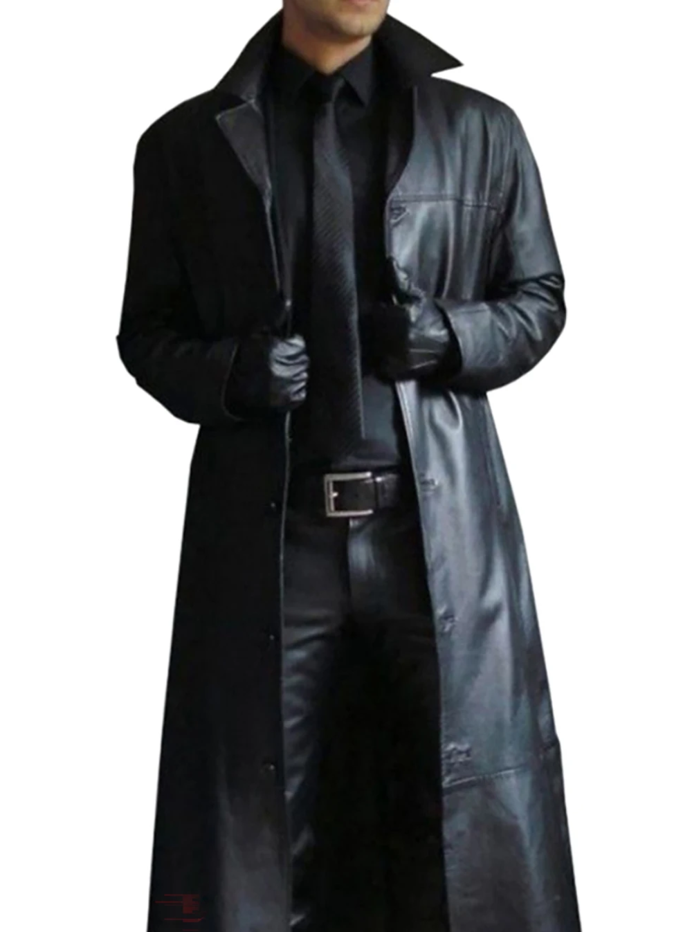 Men's Long Leather Trench Coat Lapel Collar