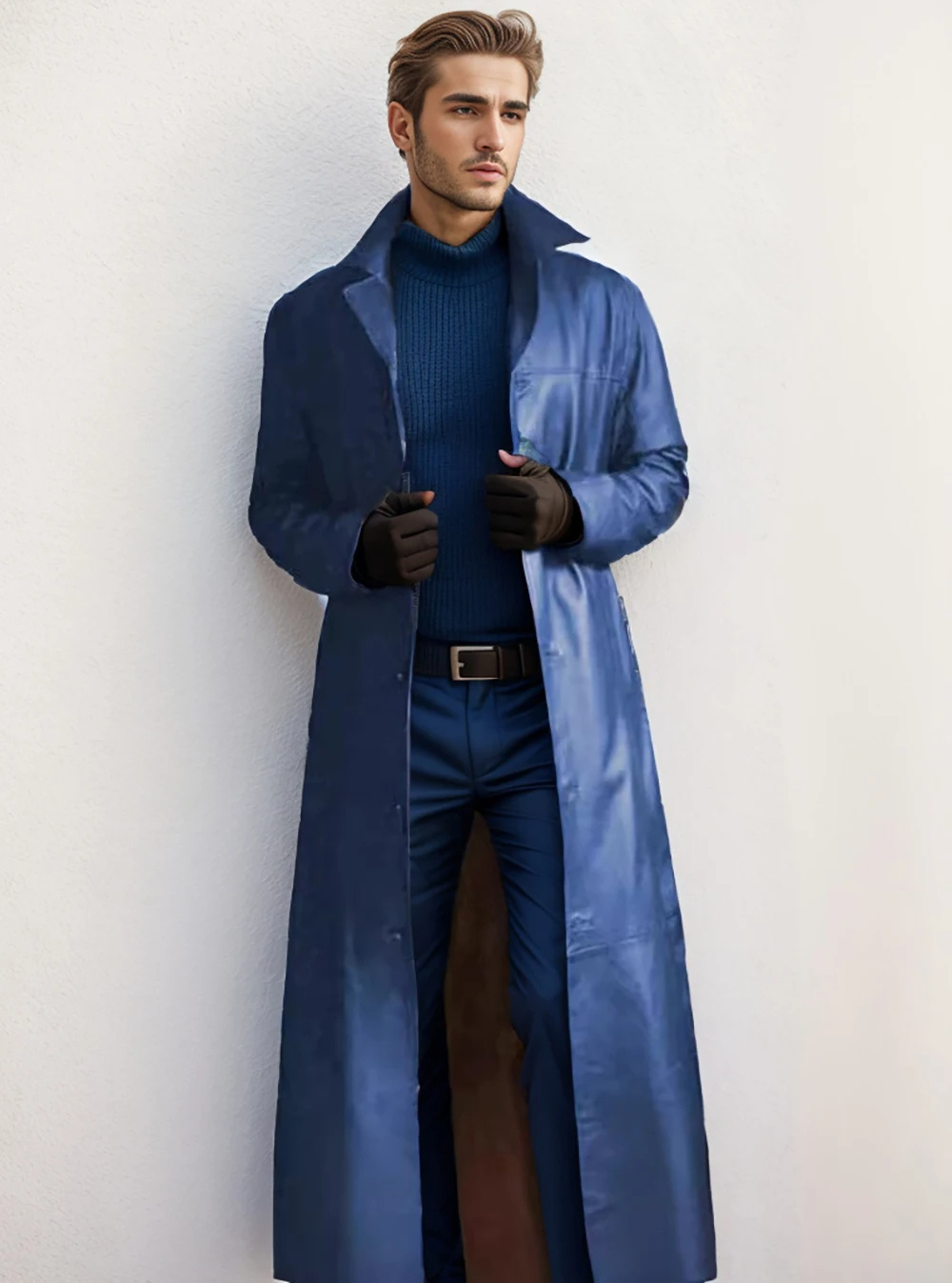 Men's Long Leather Trench Coat Lapel Collar