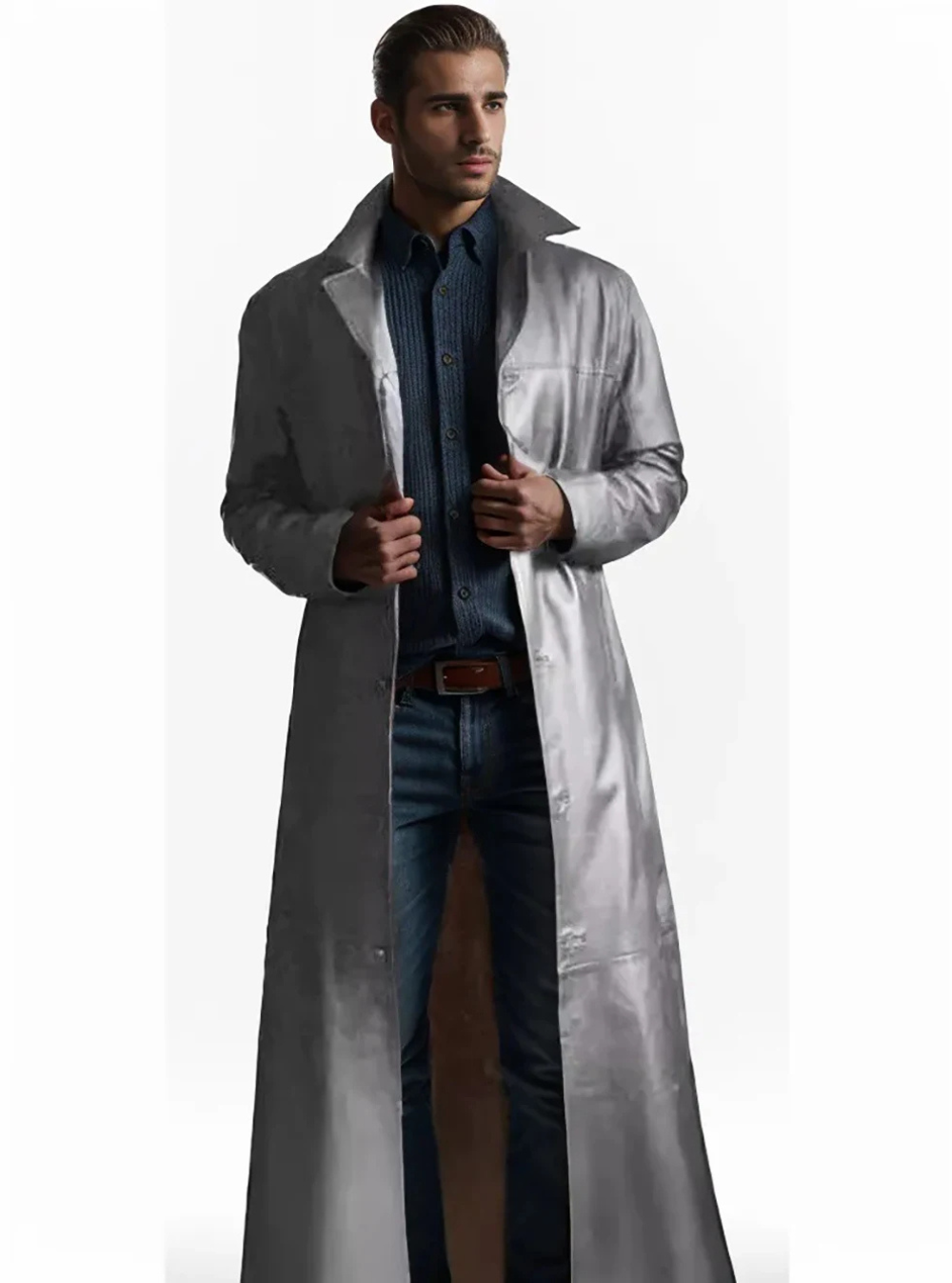 Men's Long Leather Trench Coat Lapel Collar
