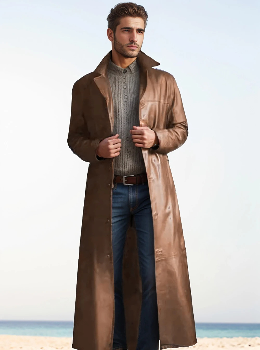 Men's Long Leather Trench Coat Lapel Collar